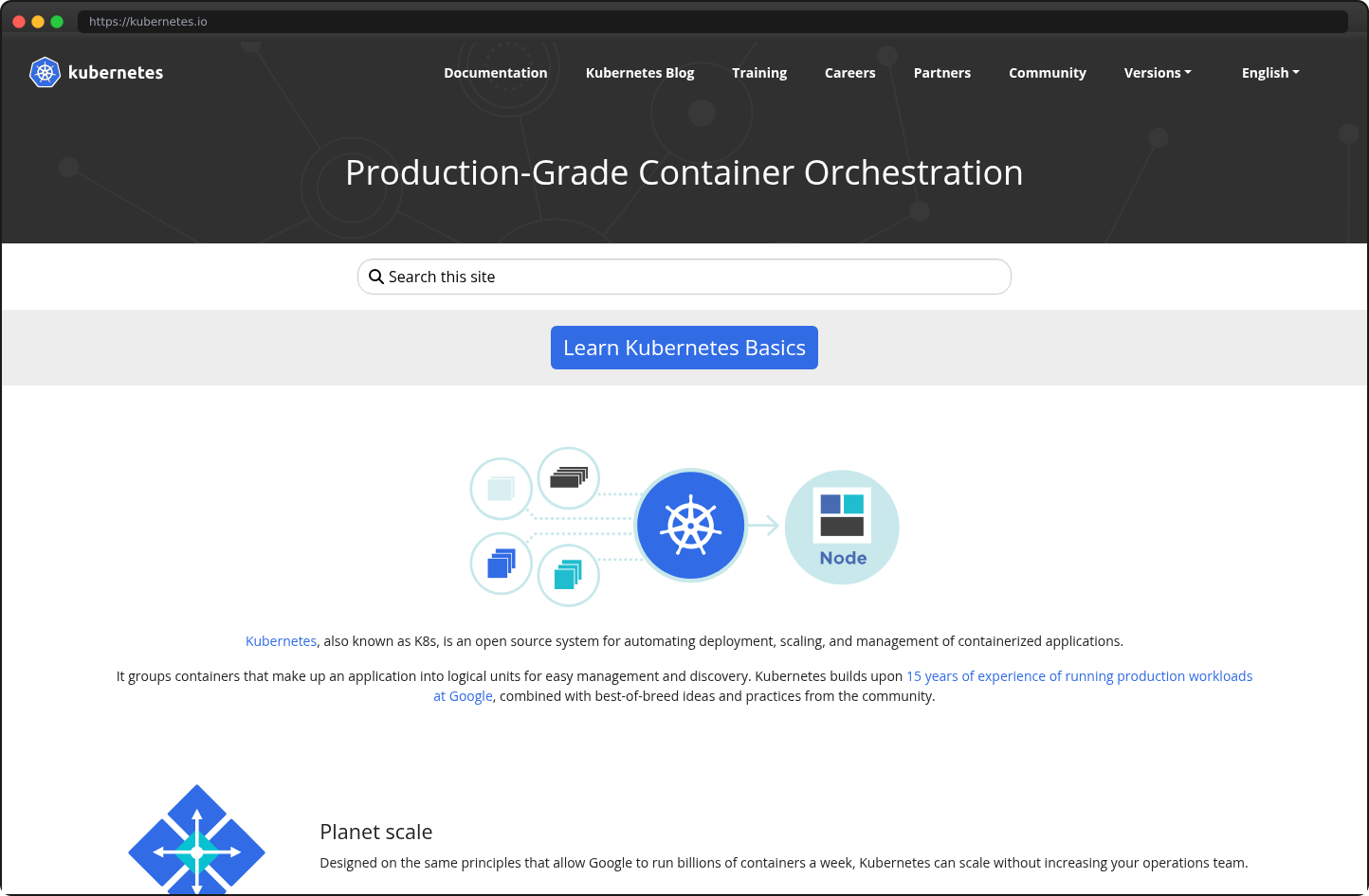 Screenshot of kubernetes.io