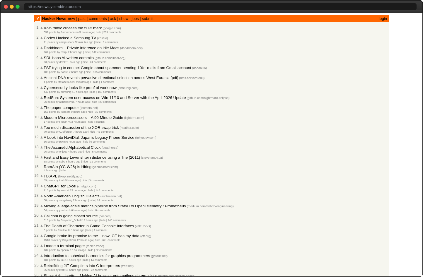 Screenshot of news.ycombinator.com